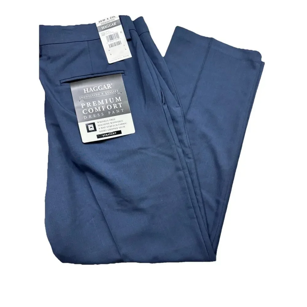Haggar Premium Comfort Mens Straight Fit Dress Flat Front Pant 36W x 29L‎ Navy